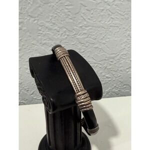 Cuff Bracelet Unisex 7in Black Leather  Silver Tone Tribal Wire Wrap